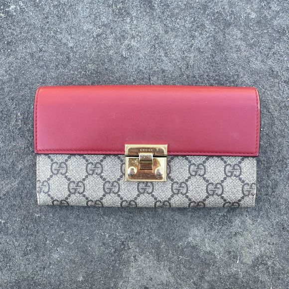Gucci Handbags - Gucci GG Supreme Monogram Calfskin Padlock Continental Wallet Red Pink